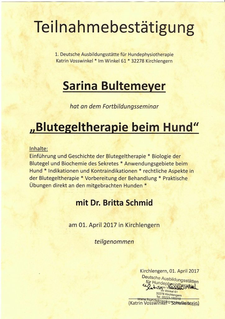 Blutegeltherapie Teilnahmezertifikat